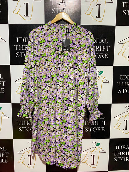 PIECES |XL| BUST 23| B35| VIBRANT FLORAL PRINT LONG-SLEEVE MINI SHIFT DRESS