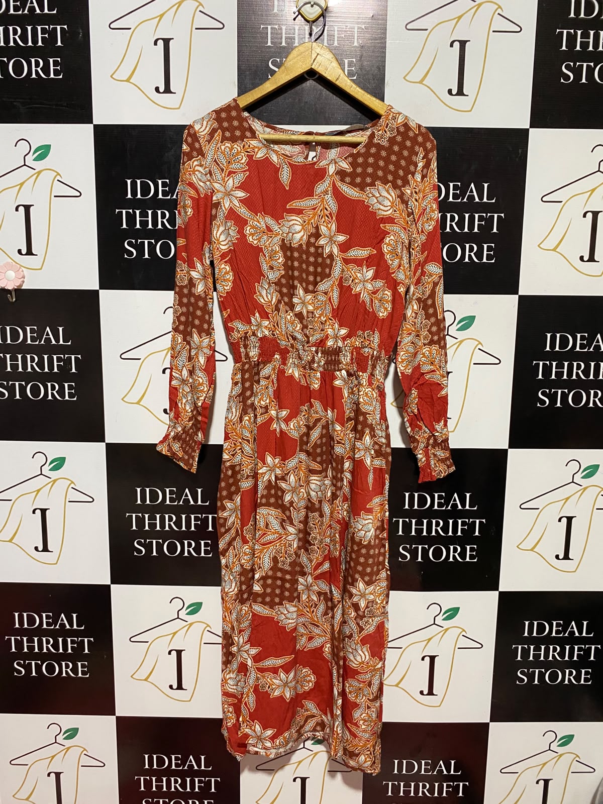 KATIES |M| BUST 18| B35| ELEGANT FLORAL BOHEMIAN LONG-SLEEVE MIDI SHIFT DRESS