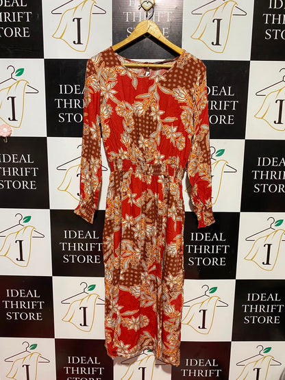 KATIES |M| BUST 18| B35| ELEGANT FLORAL BOHEMIAN LONG-SLEEVE MIDI SHIFT DRESS