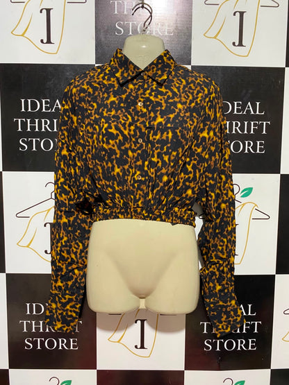 SHEIKE |S| BUST FREE| B35| CHIC TORTOISESHELL LEOPARD PRINT CROPPED BUTTON-DOWN BLOUSE