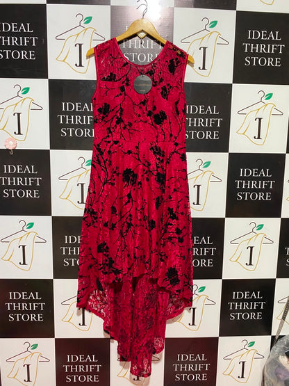 CAROLINE MORGAN |M| BUST 18| B35| WOMEN'S RED FLORAL LACE HIGH-LOW SLEEVELESS DRESS
