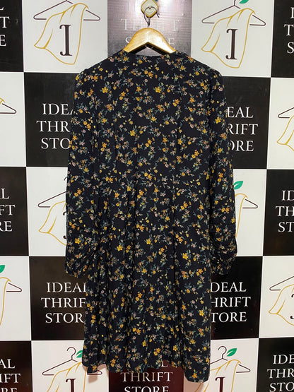UNIQLO |M| BUST 18| B35| WOMEN'S LONG SLEEVE V-NECK FLORAL BUTTON-FRONT MIDICHI DRESS