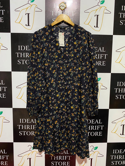UNIQLO |M| BUST 18| B35| WOMEN'S LONG SLEEVE V-NECK FLORAL BUTTON-FRONT MIDICHI DRESS