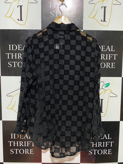 MUMN |S| BUST | B35| LUXURY BRAND BLACK GEOMETRIC PATTERN SHEER LONG SLEEVE BUTTON-DOWN SHIRT