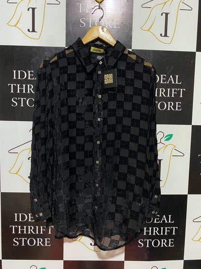 MUMN |S| BUST | B35| LUXURY BRAND BLACK GEOMETRIC PATTERN SHEER LONG SLEEVE BUTTON-DOWN SHIRT