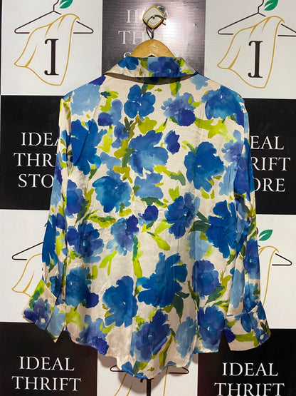 ZARA |S| BUST 20| B35| WOMEN'S FLORAL PRINT LONG SLEEVE BUTTON-DOWN SATIN SHIRT