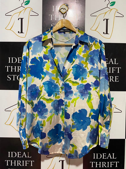 ZARA |S| BUST 20| B35| WOMEN'S FLORAL PRINT LONG SLEEVE BUTTON-DOWN SATIN SHIRT