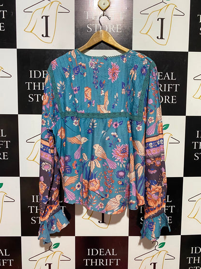 JAASE |XL| BUST 25| B35| WOMEN'S BOHO FLORAL AND BIRD PRINT LONG SLEEVE PEASANT BLOUSE