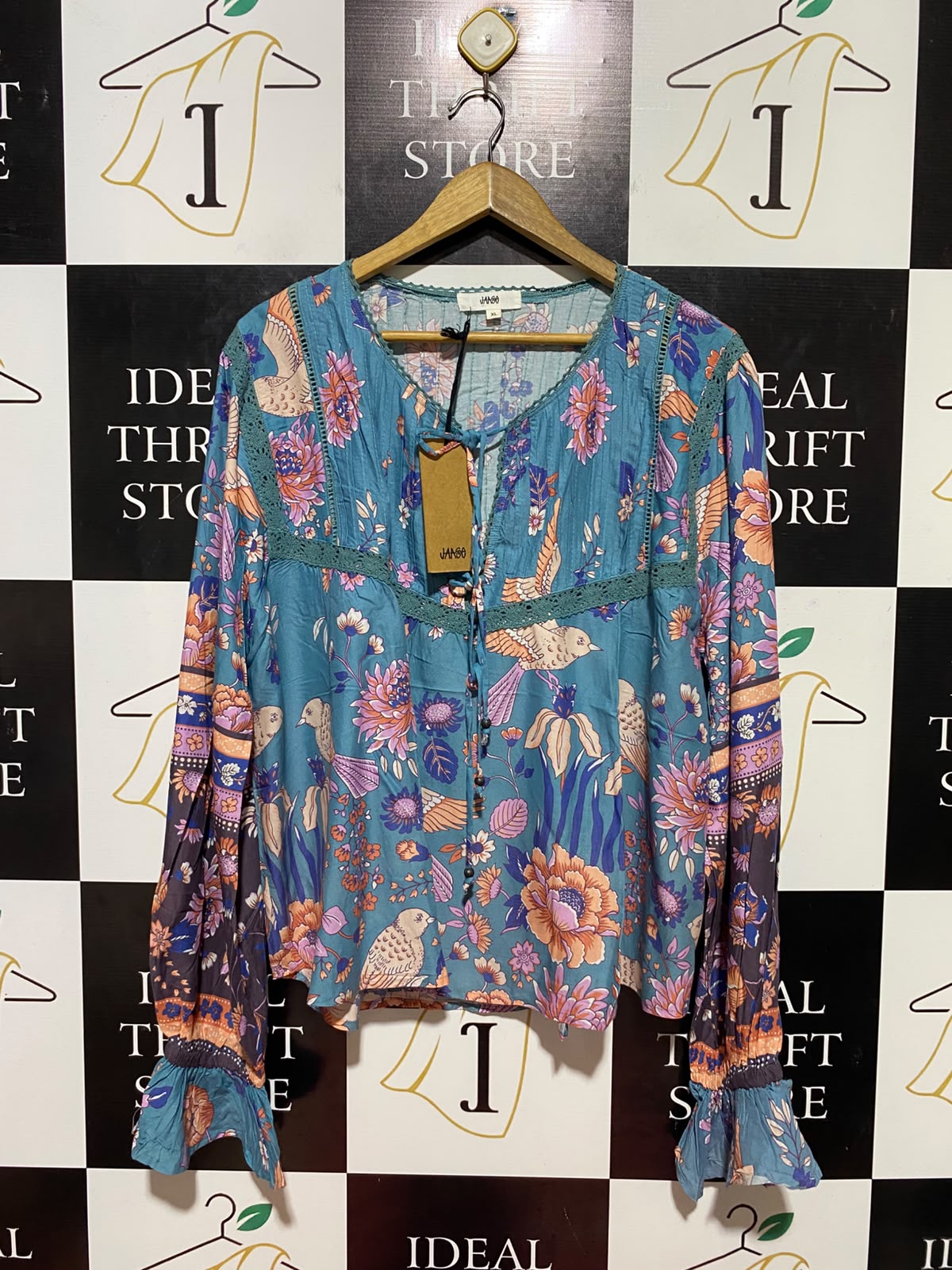 JAASE |XL| BUST 25| B35| WOMEN'S BOHO FLORAL AND BIRD PRINT LONG SLEEVE PEASANT BLOUSE