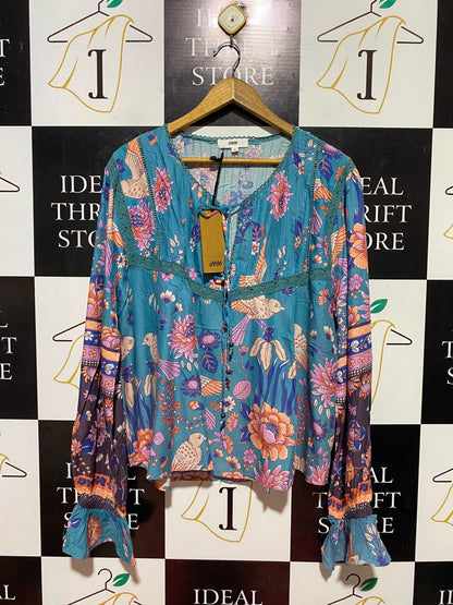 JAASE |XL| BUST 25| B35| WOMEN'S BOHO FLORAL AND BIRD PRINT LONG SLEEVE PEASANT BLOUSE