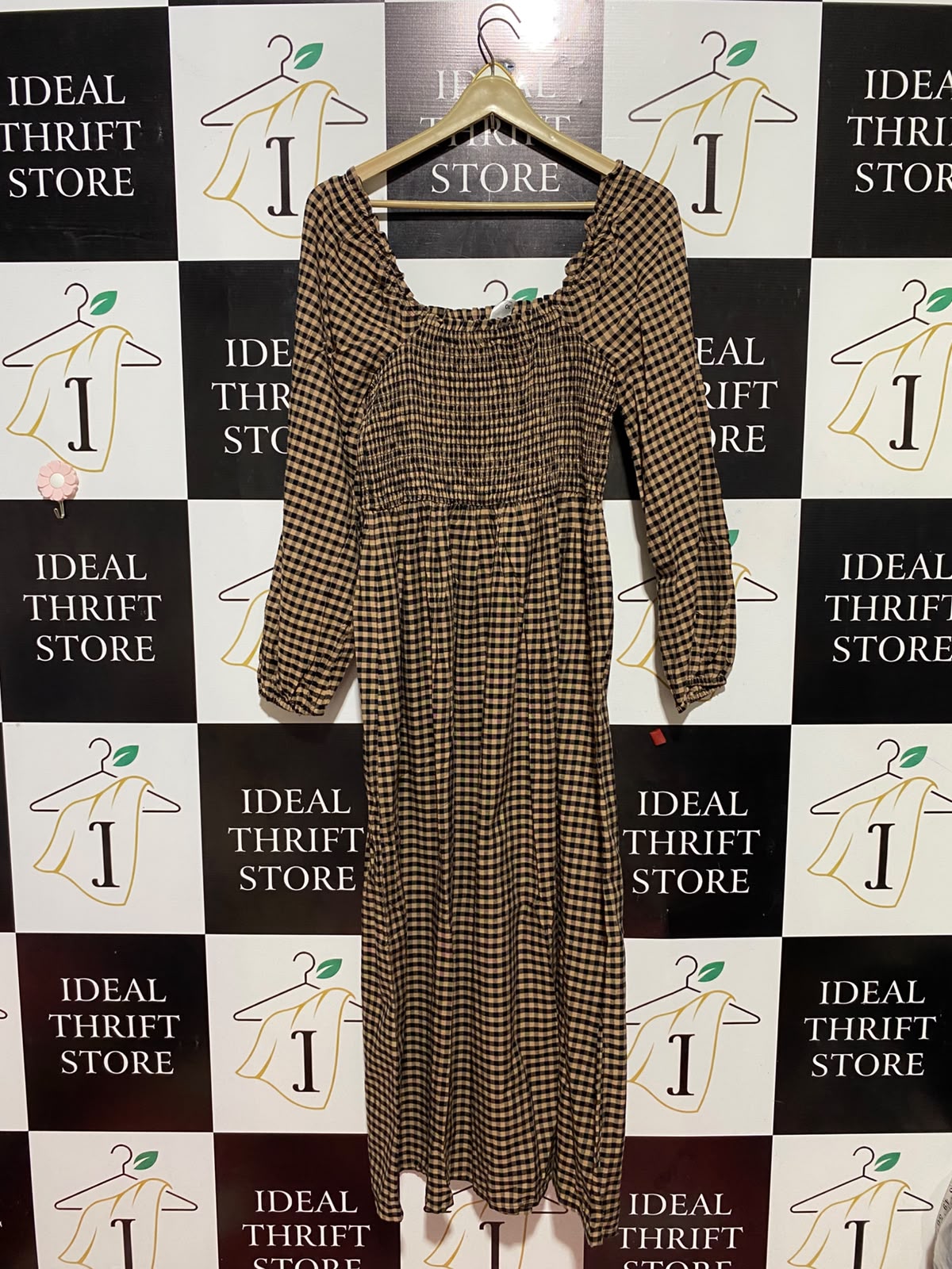 ANKO |S| BUST 15| B35| WOMEN'S BROWN AND BLACK GINGHAM CHECKERED SMOCKED LONG SLEEVE MAXI DRESS
