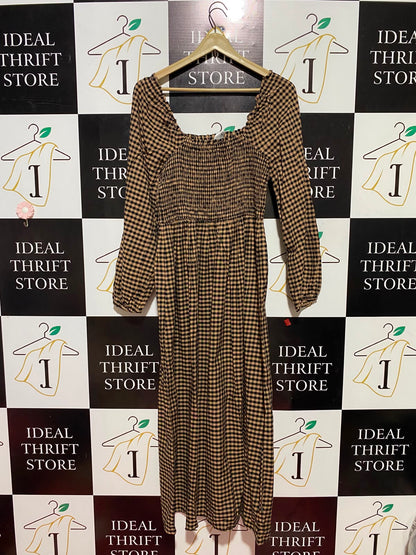 ANKO |S| BUST 15| B35| WOMEN'S BROWN AND BLACK GINGHAM CHECKERED SMOCKED LONG SLEEVE MAXI DRESS