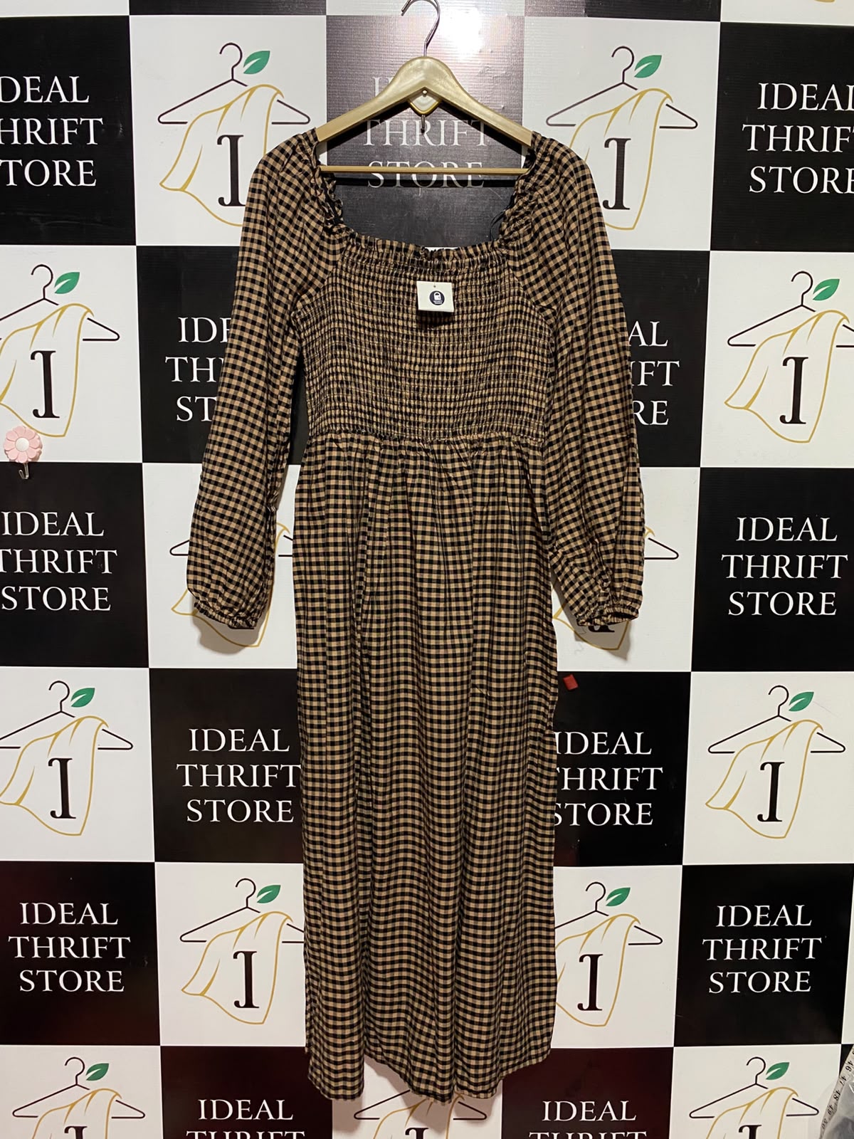 ANKO |S| BUST 15| B35| WOMEN'S BROWN AND BLACK GINGHAM CHECKERED SMOCKED LONG SLEEVE MAXI DRESS