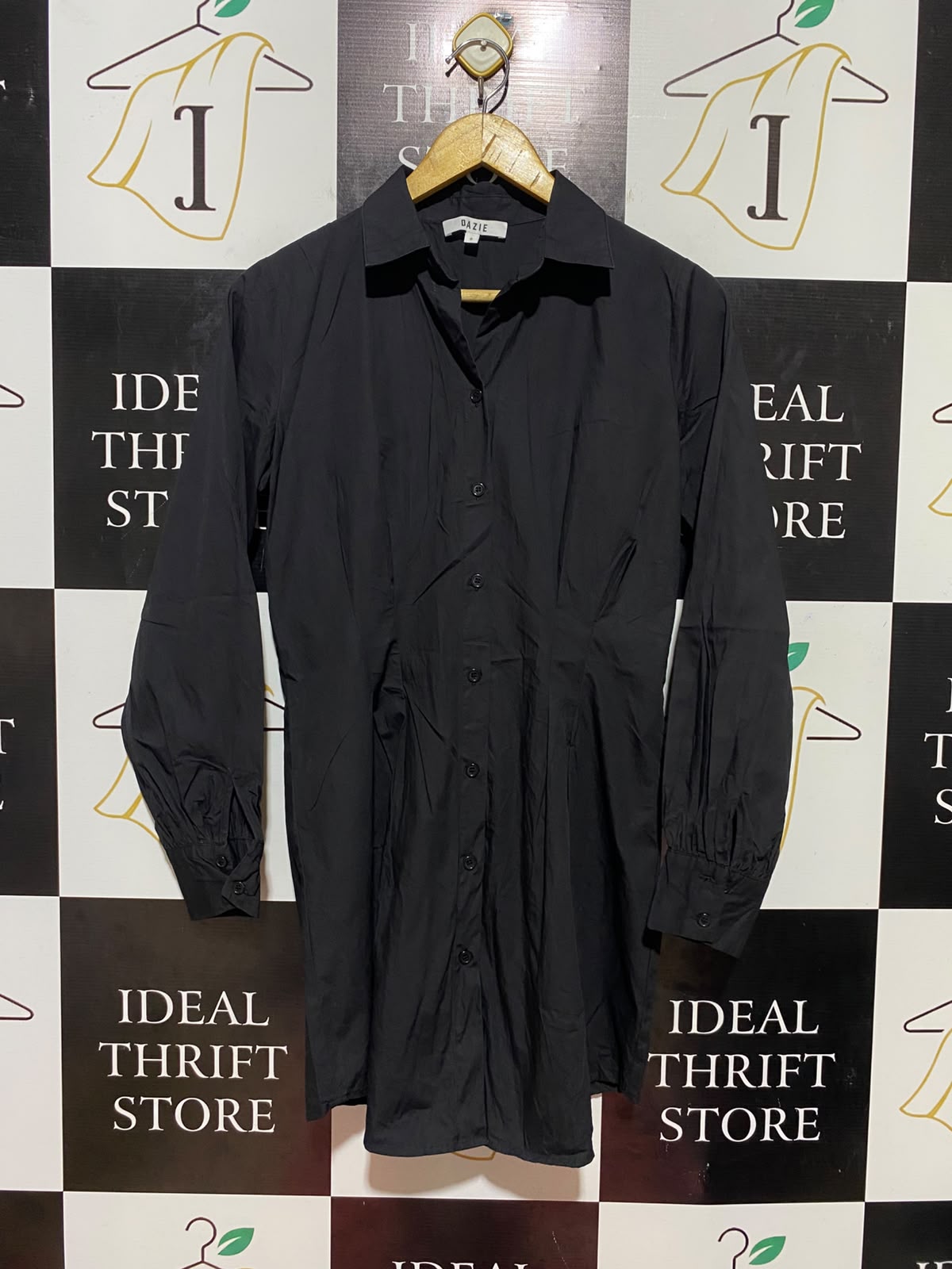 DAZIE |S| BUST 18| B35| WOMEN'S CLASSIC BLACK LONG SLEEVE BUTTON-DOWN SHIRT DRESS