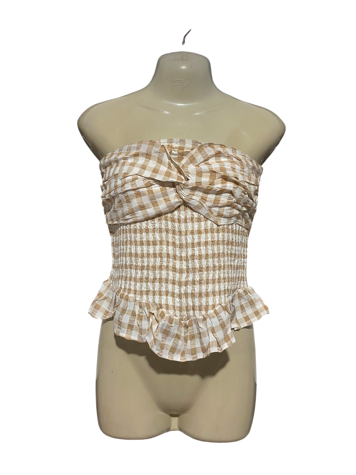GHANDA |S| BUST 14| B35| BEIGE AND WHITE GINGHAM SMOCKED TUBE TOP WITH TWIST BUST AND RUFFLE HEM