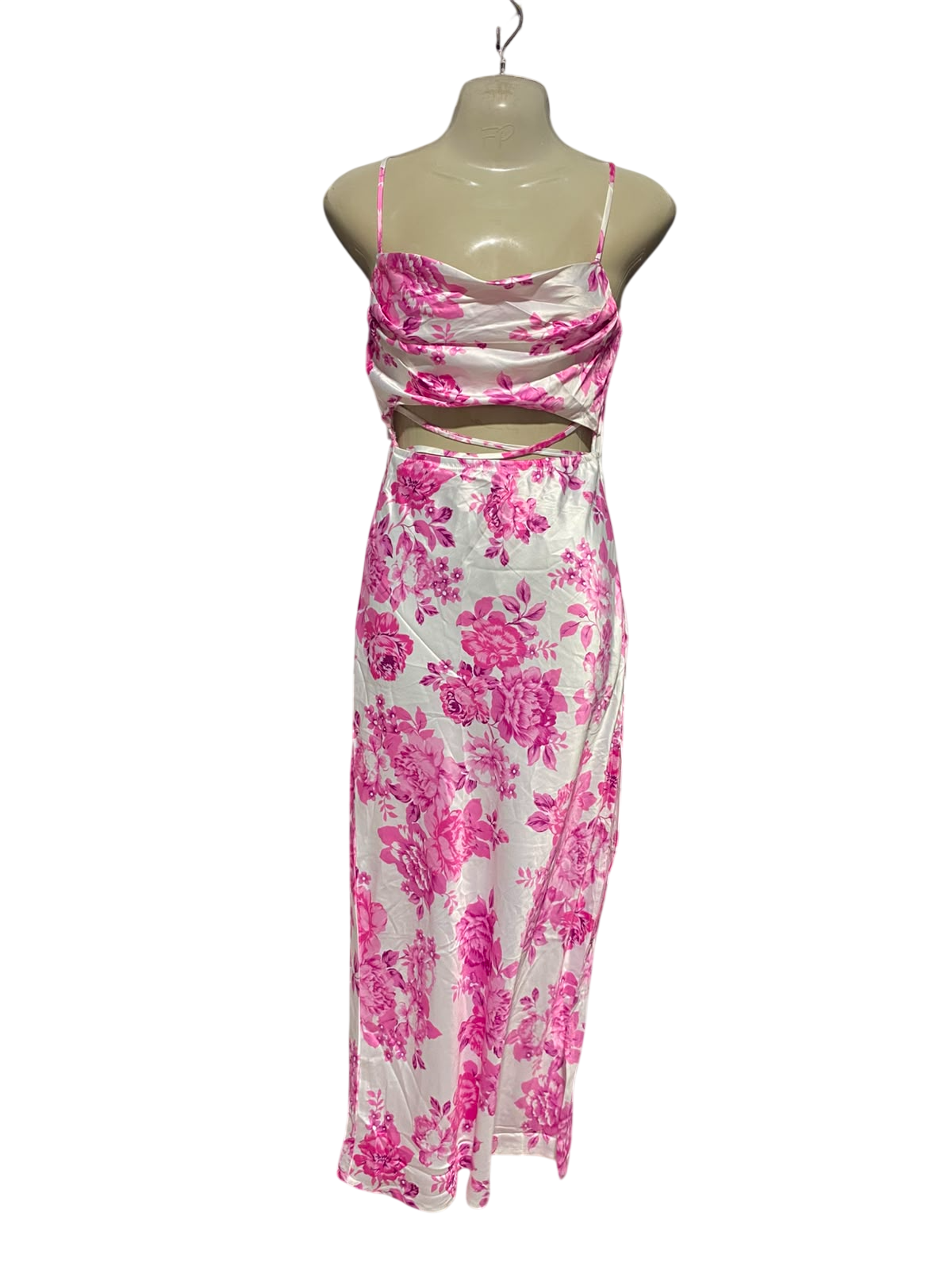 RUMOR |S| BUST 17| B35| WHITE AND PINK FLORAL SATIN COWL NECK MAXI DRESS WITH WAIST CUTOUT