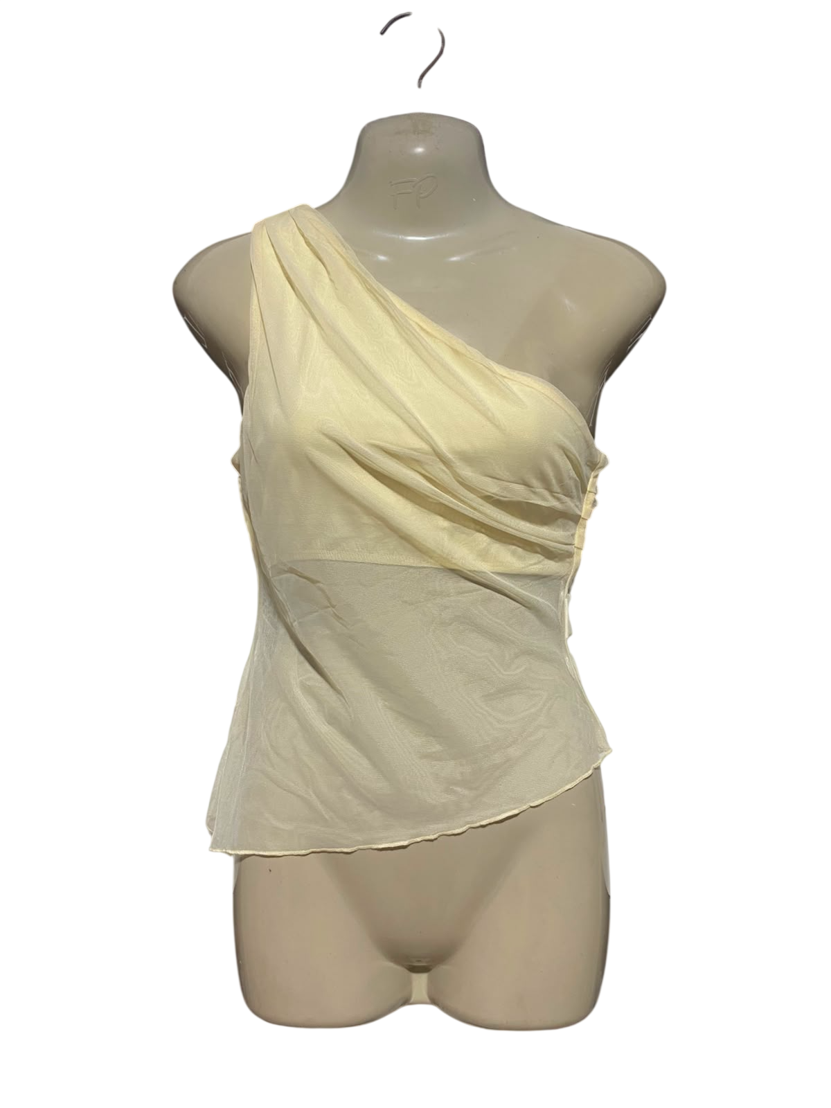 PRINCESS POLLY |S| BUST 16| B35| YELLOW MESH ONE-SHOULDER TOP WITH ASYMMETRIC DRAPED OVERLAY