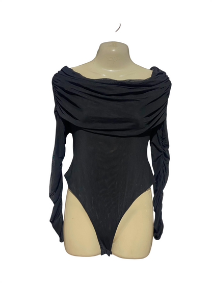 SHOWPO |S| BUST 16| B35| BLACK MESH COWL NECK LONG SLEEVE BODYSUIT WITH RUCHED DETAILS
