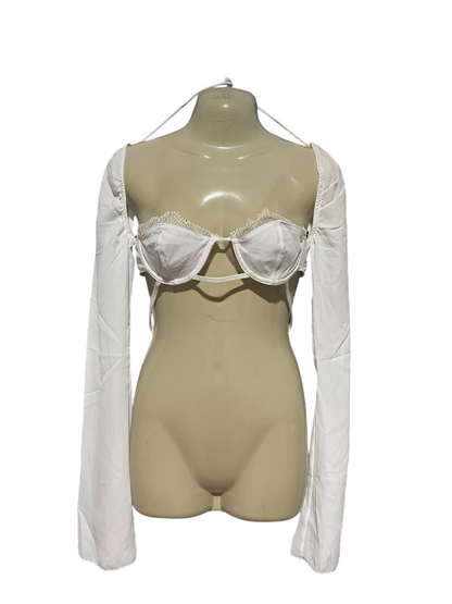 WHITE FOX |XS| BUST 18| B35| WHITE LACE-TRIMMED LONG SLEEVE BRALETTE BOLERO TOP