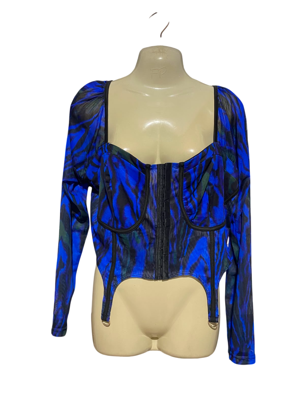 YOU ALL |L| BUST 20| B35| BLUE AND BLACK ABSTRACT PRINT LONG SLEEVE CORSET TOP WITH SUSPENDER TABS