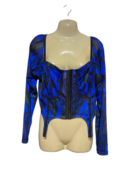 YOU ALL |L| BUST 20| B35| BLUE AND BLACK ABSTRACT PRINT LONG SLEEVE CORSET TOP WITH SUSPENDER TABS