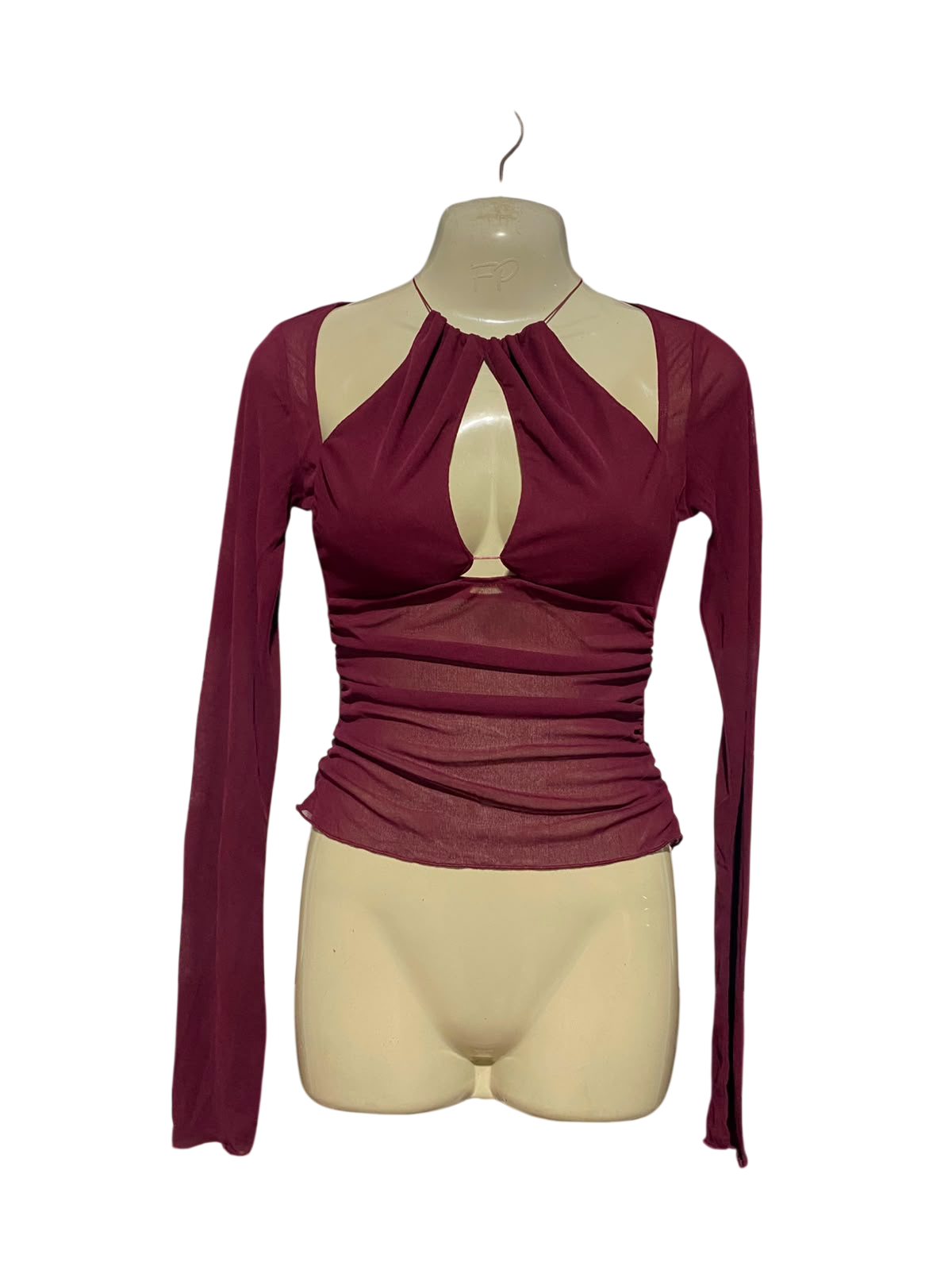 BENNI |S| BUST 16| B35| BURGUNDY MESH LONG SLEEVE TOP WITH HALTER NECK AND FRONT KEYHOLE CUTOUT