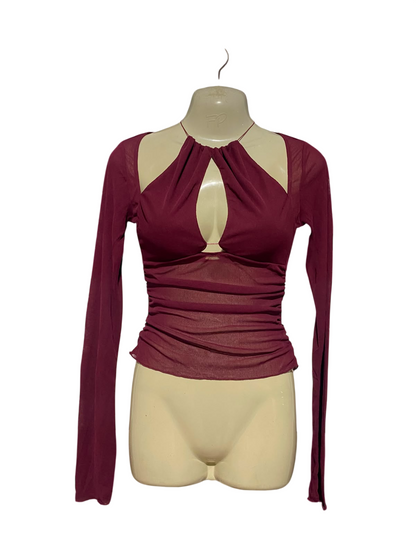 BENNI |S| BUST 16| B35| BURGUNDY MESH LONG SLEEVE TOP WITH HALTER NECK AND FRONT KEYHOLE CUTOUT