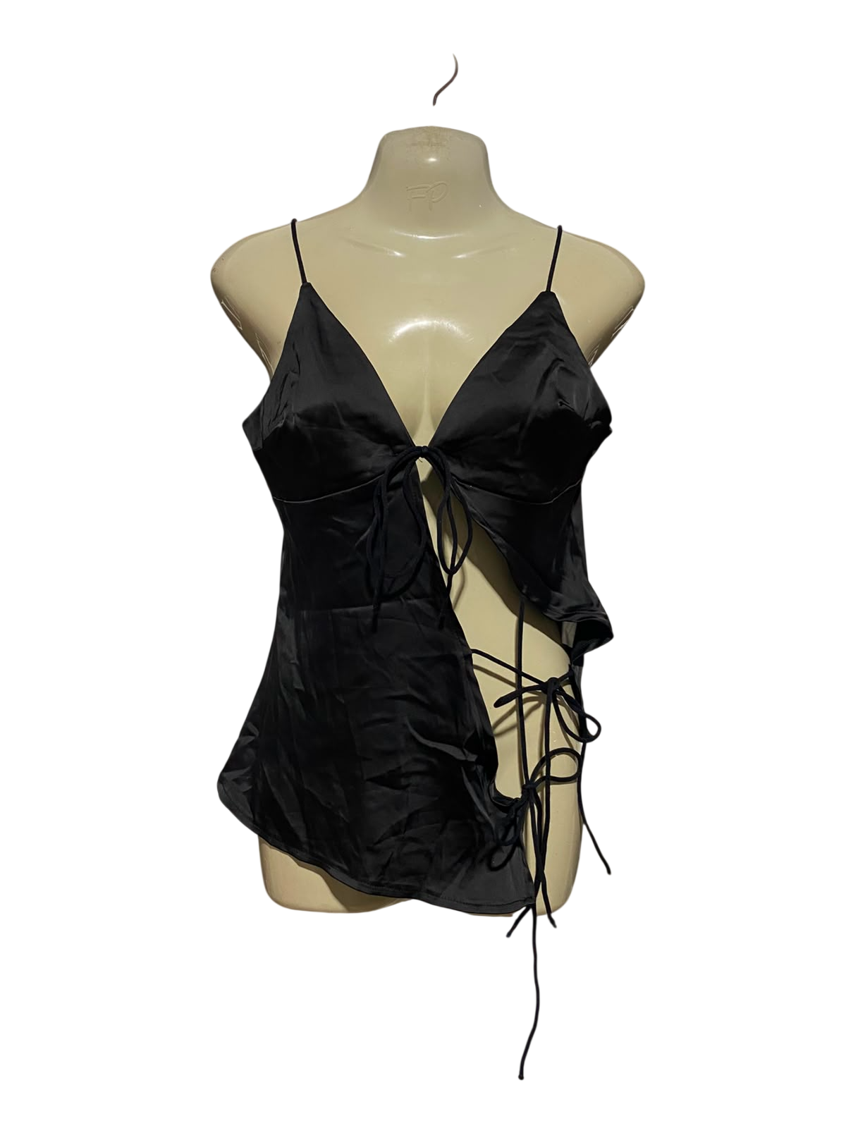 MUSERA |S| BUST 17| B35| BLACK SATIN STRAPPY CAMISOLE TOP WITH FRONT TIE AND ASYMMETRIC CUTOUT DETAILS