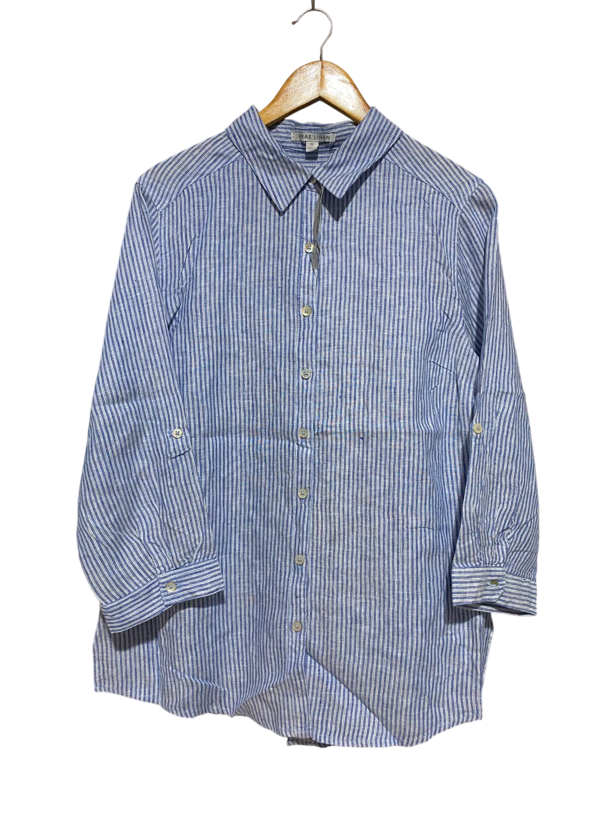 GRAE LINEN |M| BUST 21| B35| BLUE AND WHITE STRIPED BUTTON-DOWN SHIRT WITH ROLL-UP SLEEVES