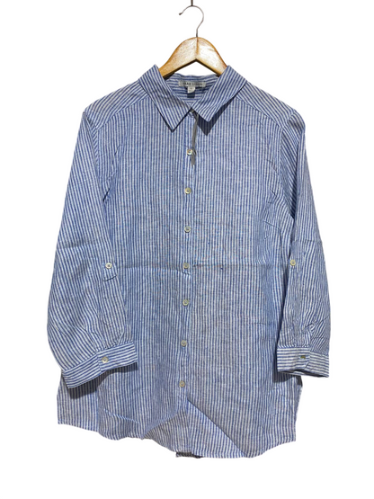 GRAE LINEN |M| BUST 21| B35| BLUE AND WHITE STRIPED BUTTON-DOWN SHIRT WITH ROLL-UP SLEEVES