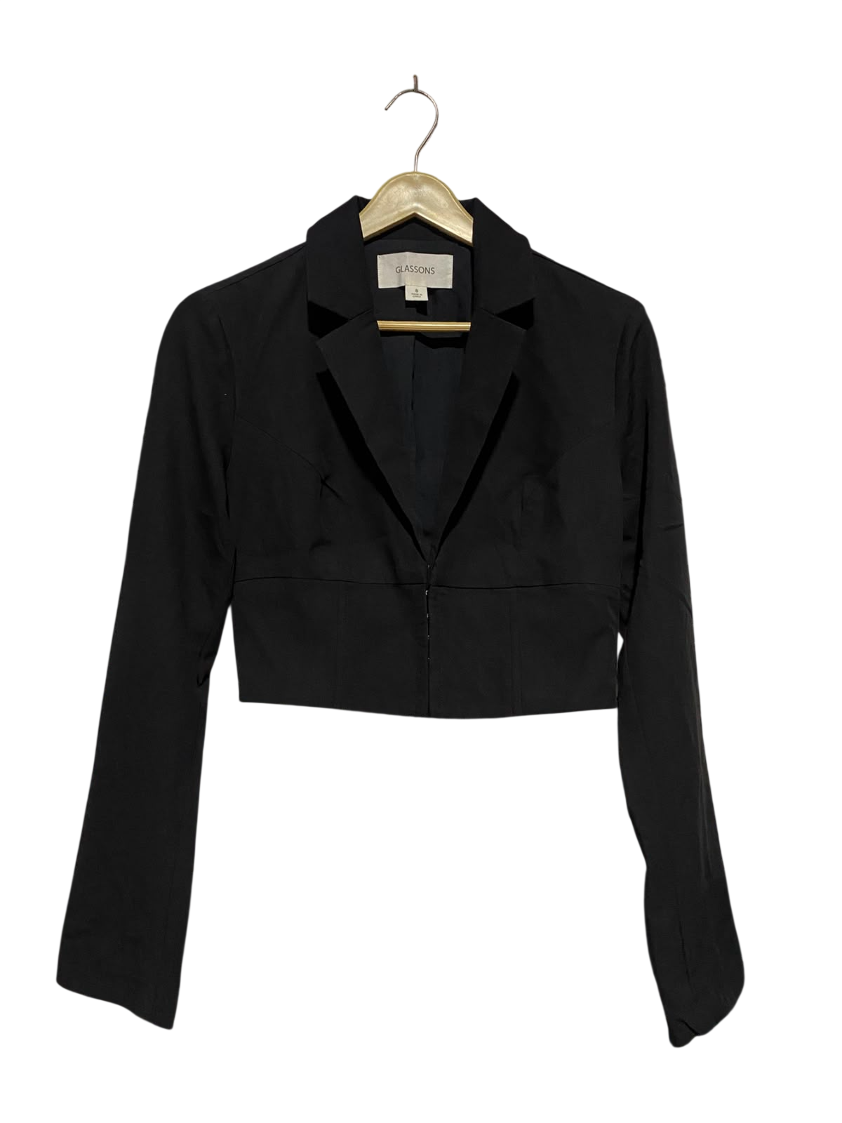 GLASSONS |S| BUST 17| B35| BLACK CROPPED BLAZER JACKET WITH HOOK-AND-EYE CLOSURE