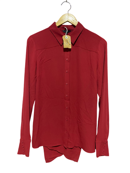 CUE |M| BUST 18| B35| DEEP RED LONG SLEEVE BUTTON-DOWN BLOUSE WITH CROSSOVER ASYMMETRIC HEM