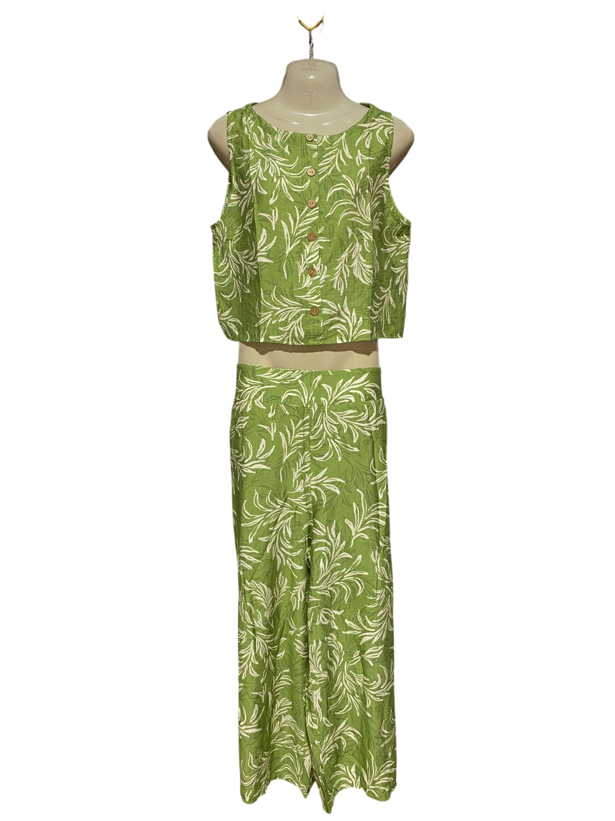 YOURS TRULY |L| B35| PREMIUM LINEN BLEND LEAF PRINT CO-ORD SET - GREEN & WHITE