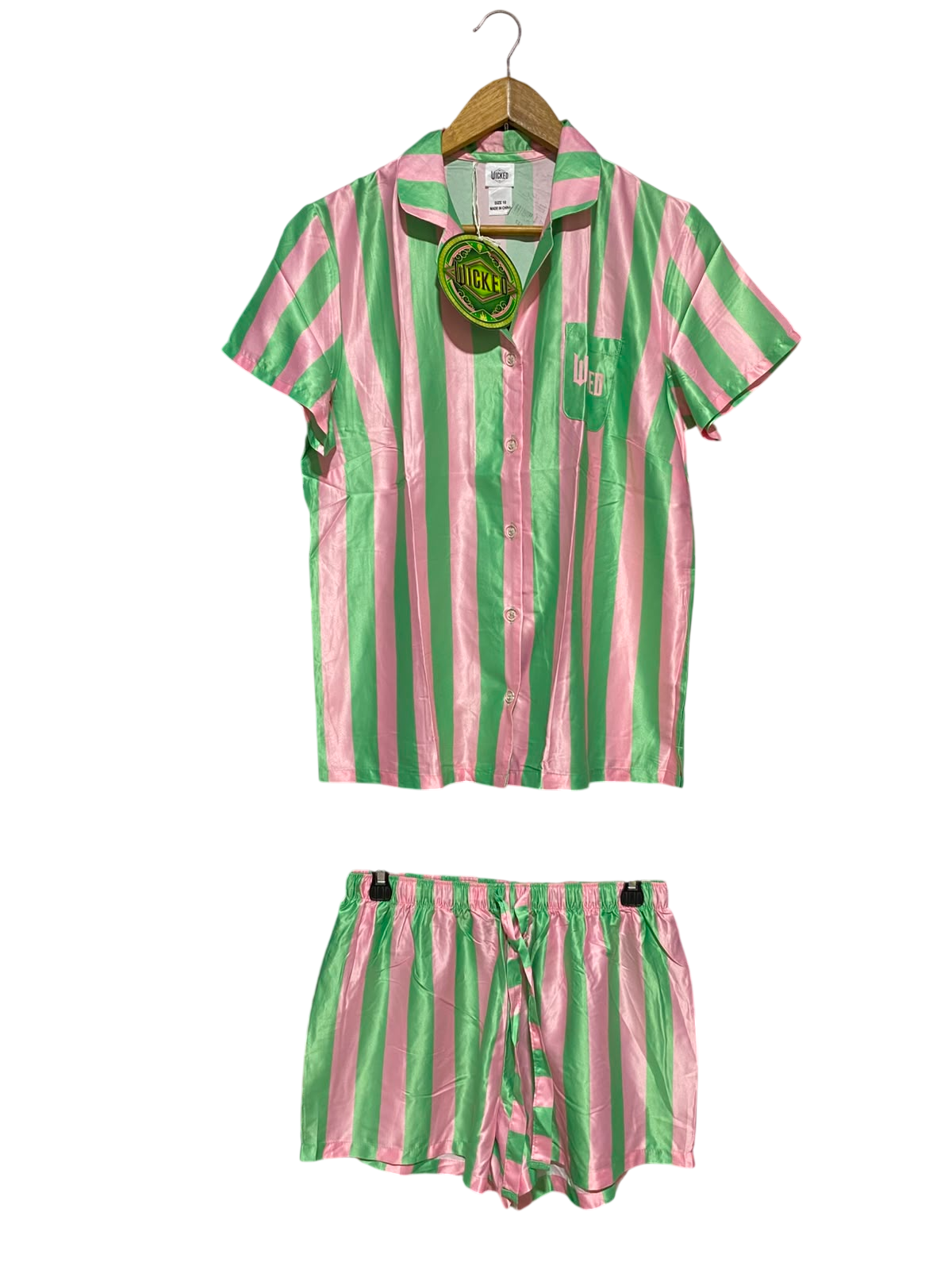 WICKED |M| B35| MOVIE X RETAILER LADIES LUXURY SATIN STRIPED PYJAMA SET - PINK & GREEN