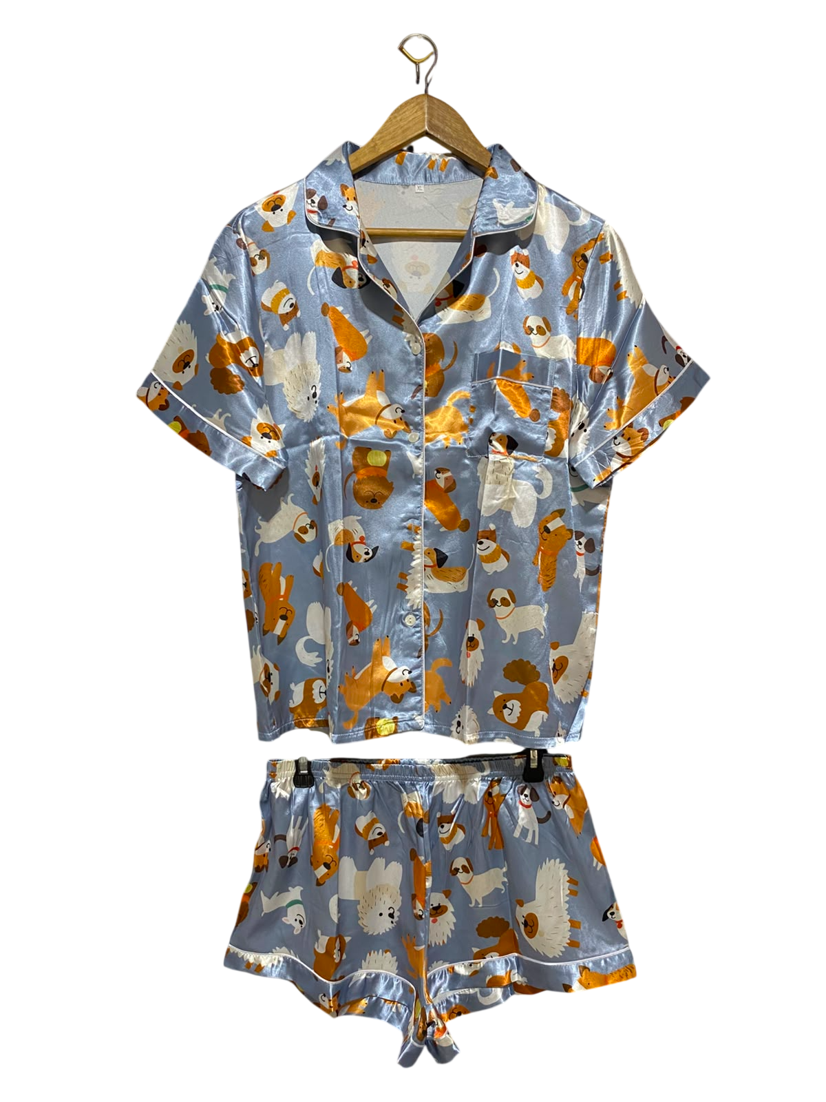 |L| B35| LADIES LUXURY SATIN DOG PRINT PYJAMA SET - BLUE & ORANGE