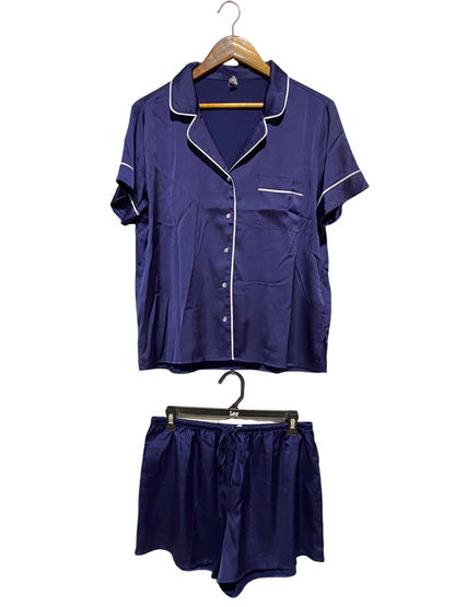 COTTON ON |M| B35| WOMEN'S NAVY BLUE SATIN 2-PIECE SHORT SLEEVE SHORT SET