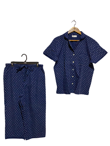WHITE ROMANCE |M| B35| WOMEN'S 2-PIECE POLKA DOT NIGHTWEAR PYJAMA SET WITH SHORT SLEEVE BUTTON-DOWN SHIRT AND PANTS IN NAVY BLUE