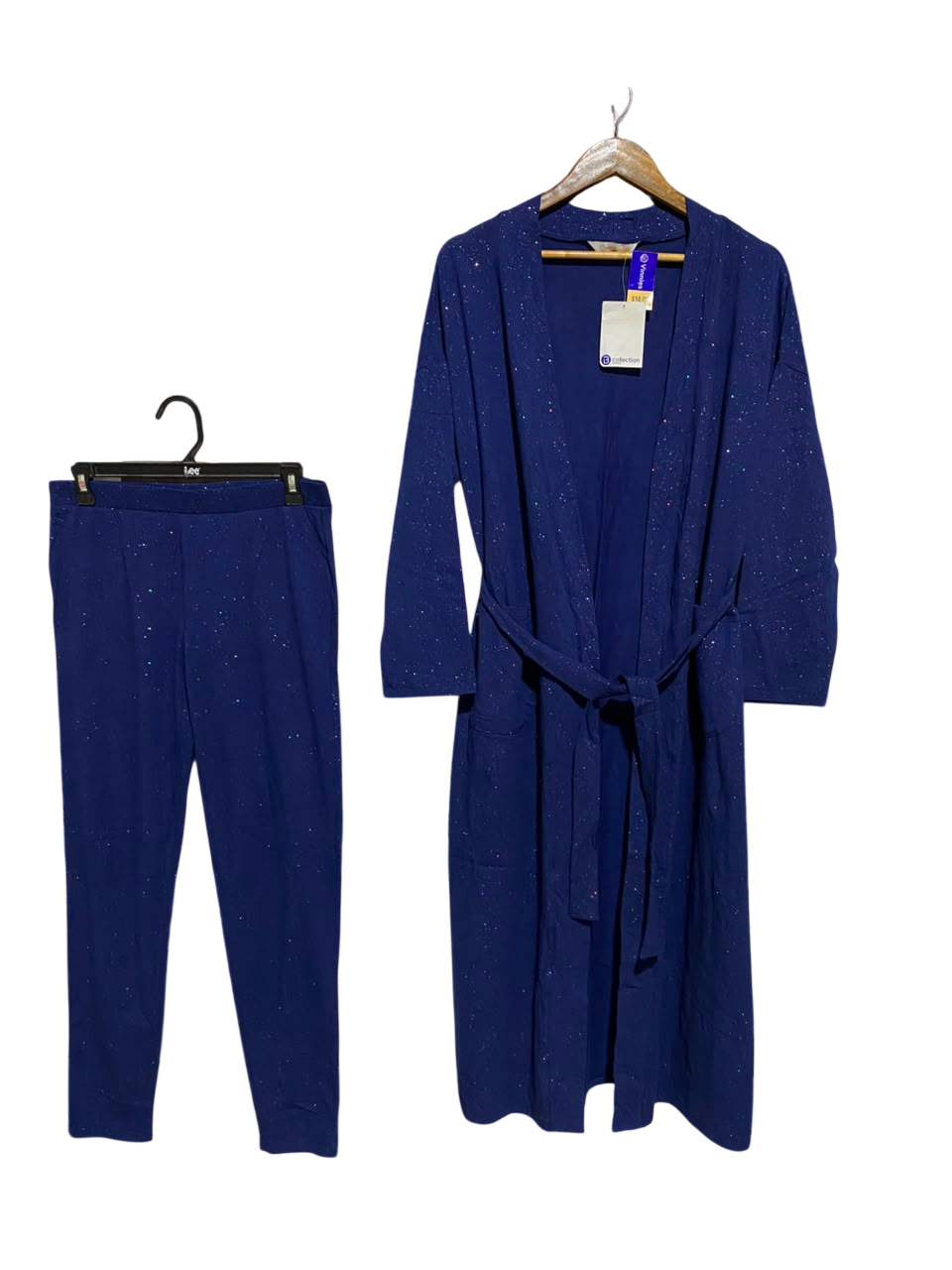 B COLLECTION |M| B35| WOMEN'S 2-PIECE GLITTER SHIMMER LOUNGEWEAR SET WITH LONG ROBE AND PANTS IN ROYAL BLUE