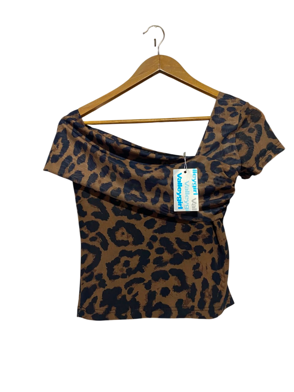 VALLEY GIRL |M| BUST 15| B35| WOMEN'S ASYMMETRICAL OFF-SHOULDER LEOPARD PRINT TOP IN BROWN AND BLACK