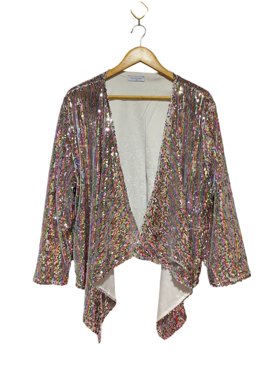 LITTLE PARTY DRESS |XL| BUST 24| B35| WOMEN'S MULTICOLOR SEQUIN OPEN-FRONT CARDIGAN SHROG / JACKET WITH ASYMMETRICAL HEM