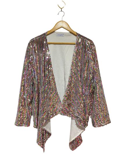 LITTLE PARTY DRESS |XL| BUST 24| B35| WOMEN'S MULTICOLOR SEQUIN OPEN-FRONT CARDIGAN SHROG / JACKET WITH ASYMMETRICAL HEM