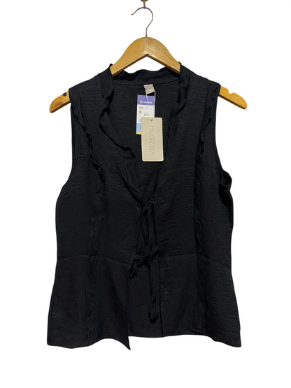 MUSERA |L| BUST 19| B35| WOMEN'S TIE-FRONT RUFFLE-TRIM SLEEVELESS VEST TOP IN BLACK