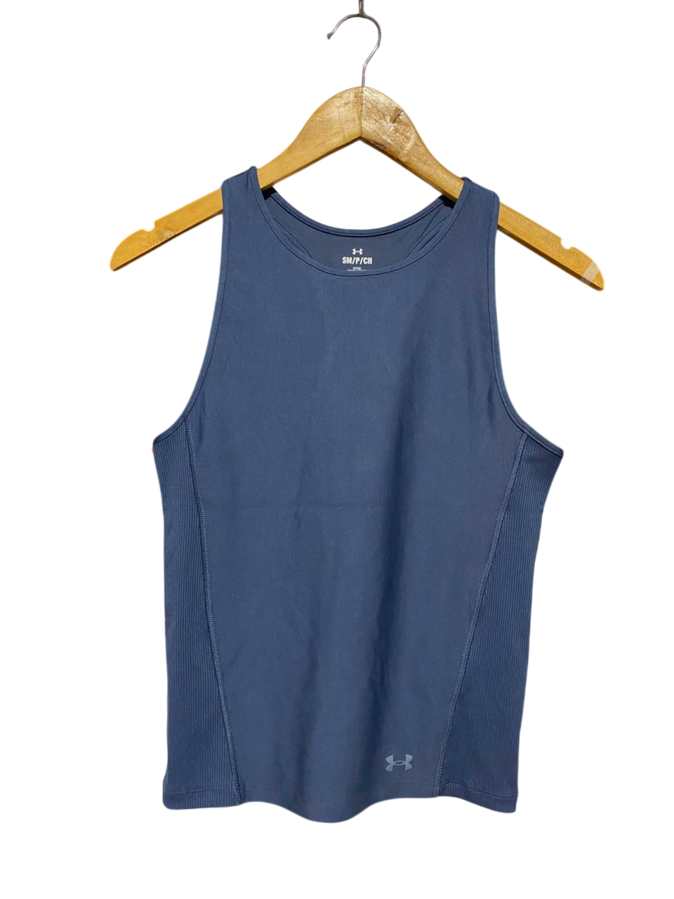 UNDER ARMOUR |S| BUST 15| B35| WOMEN'S HIGH-NECK ATHLETIC TANK TOP WITH RIBBED SIDE PANELS IN SLATE BLUE