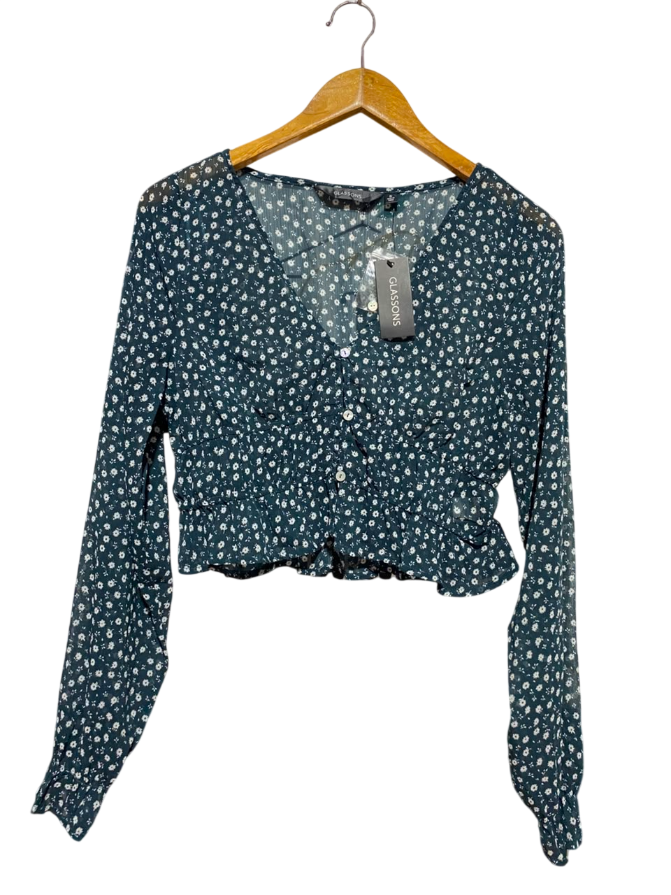 GLASSONS |S| BUST 17| B35| WOMEN'S FLORAL V-NECK BUTTON-FRONT CROP BLOUSE IN DARK TEAL GREEN