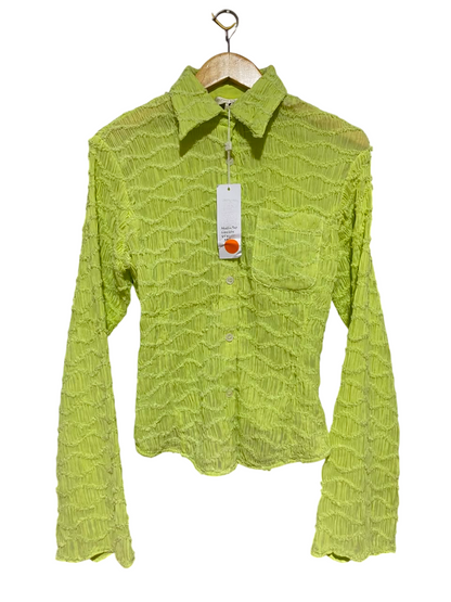 RONNY KOBO |S|BUST 17| B35| WOMEN'S TEXTURED SMOCKED BUTTON-DOWN LONG SLEEVE SHIRT IN LIME GREEN