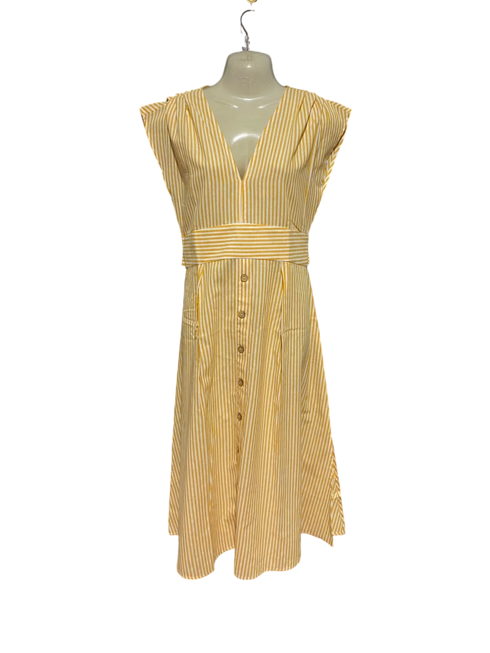 MISS VALLEY |L| BUST 20| B35| WOMEN'S VERTICAL STRIPED V-NECK BUTTON-FRONT MIDI DRESS IN YELLOW AND WHITE