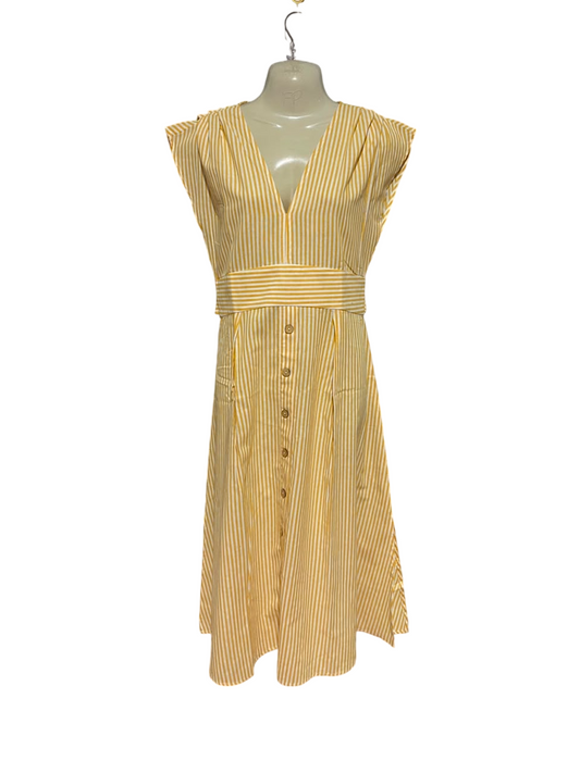 MISS VALLEY |L| BUST 20| B35| WOMEN'S VERTICAL STRIPED V-NECK BUTTON-FRONT MIDI DRESS IN YELLOW AND WHITE