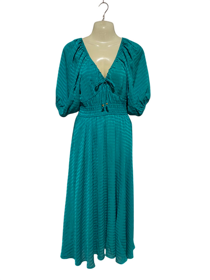 ESTHER & CO |XS| BUST 16| B35| WOMEN'S TEXTURED SMOCKED WAIST MAXI DRESS WITH PUFF SLEEVES IN TEAL GREEN