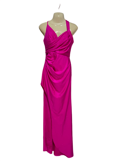 LADIVINE |M| BUST 18| B35| WOMEN'S GLITTER SHIMMER MAXI GOWN WITH DRAPED RUFFLE BODICE IN HOT PINK