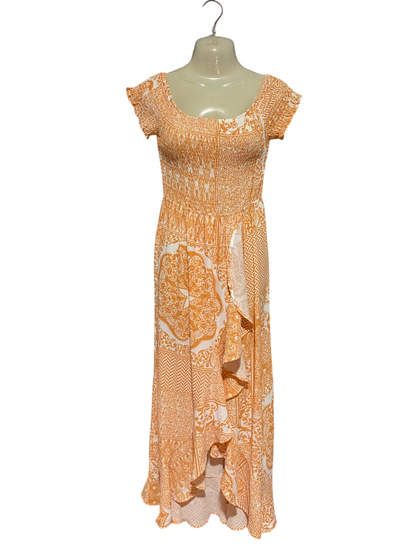 MIA |M| BUST 16| B35| WOMEN'S BOHO SMOCKED MAXI DRESS WITH RUFFLE HIGH-LOW HEM IN ORANGE AND WHITE